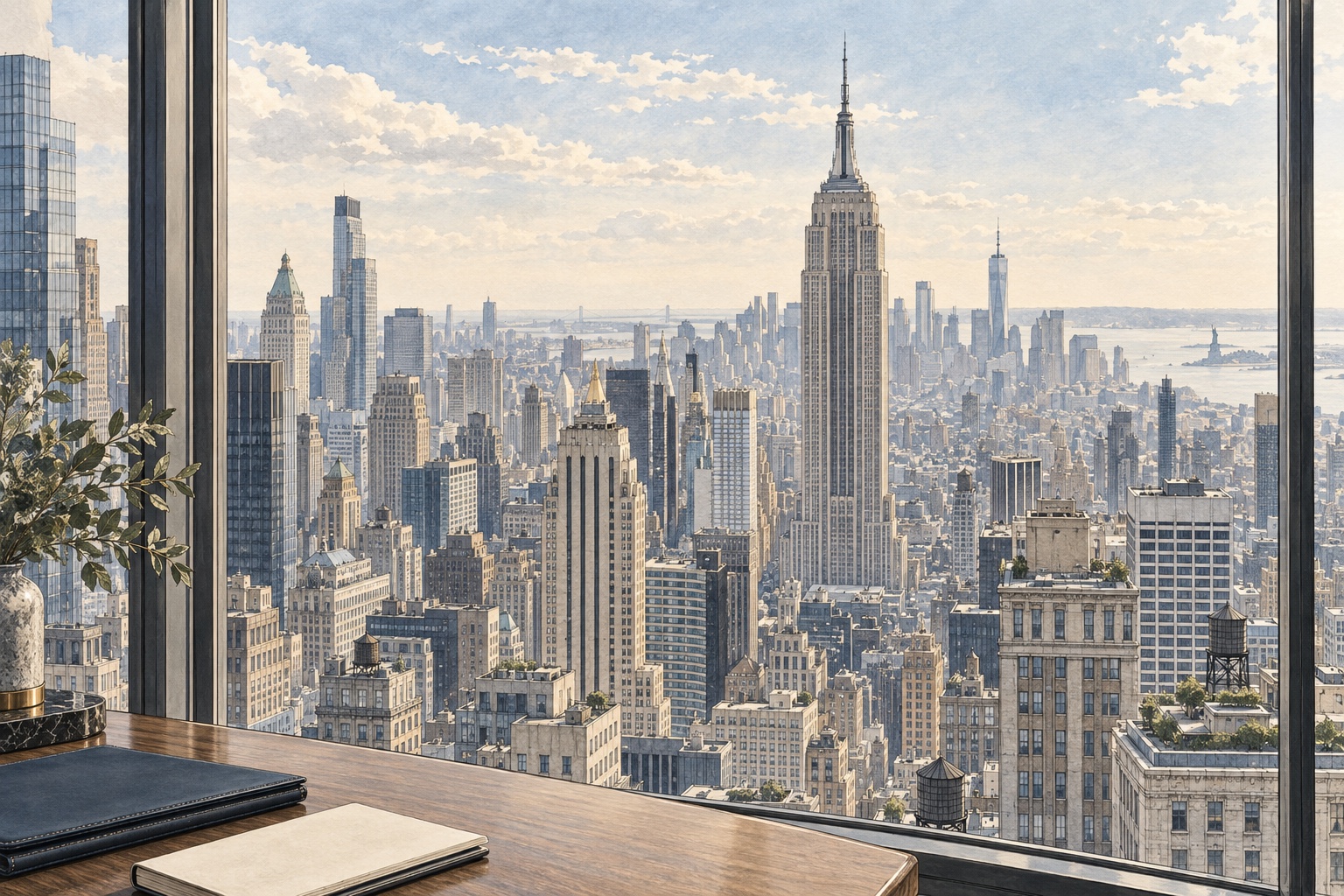 Watercolour illustration of the Empire State Building seen from a Manhattan office