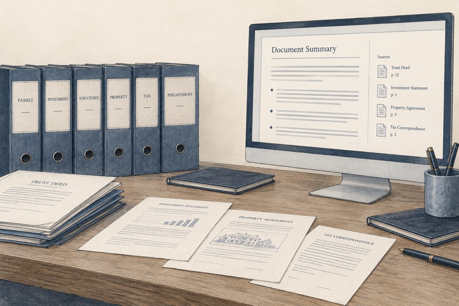 Editorial illustration of documents and software for AI implementation