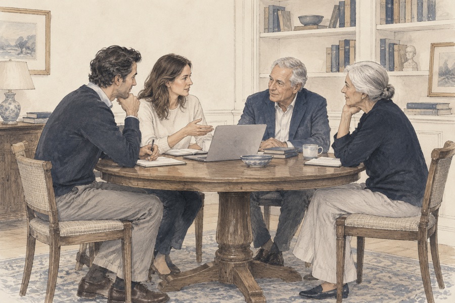 Editorial illustration of a family learning together in a workshop