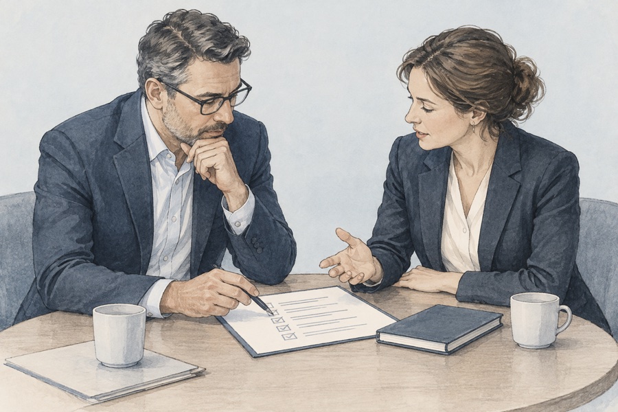 Editorial illustration of an ongoing advisory conversation